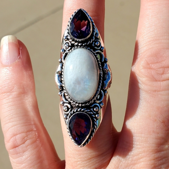 New Rainbow Moonstone & Amethyst 925 Silver Statement Ring. - Picture 14 of 16